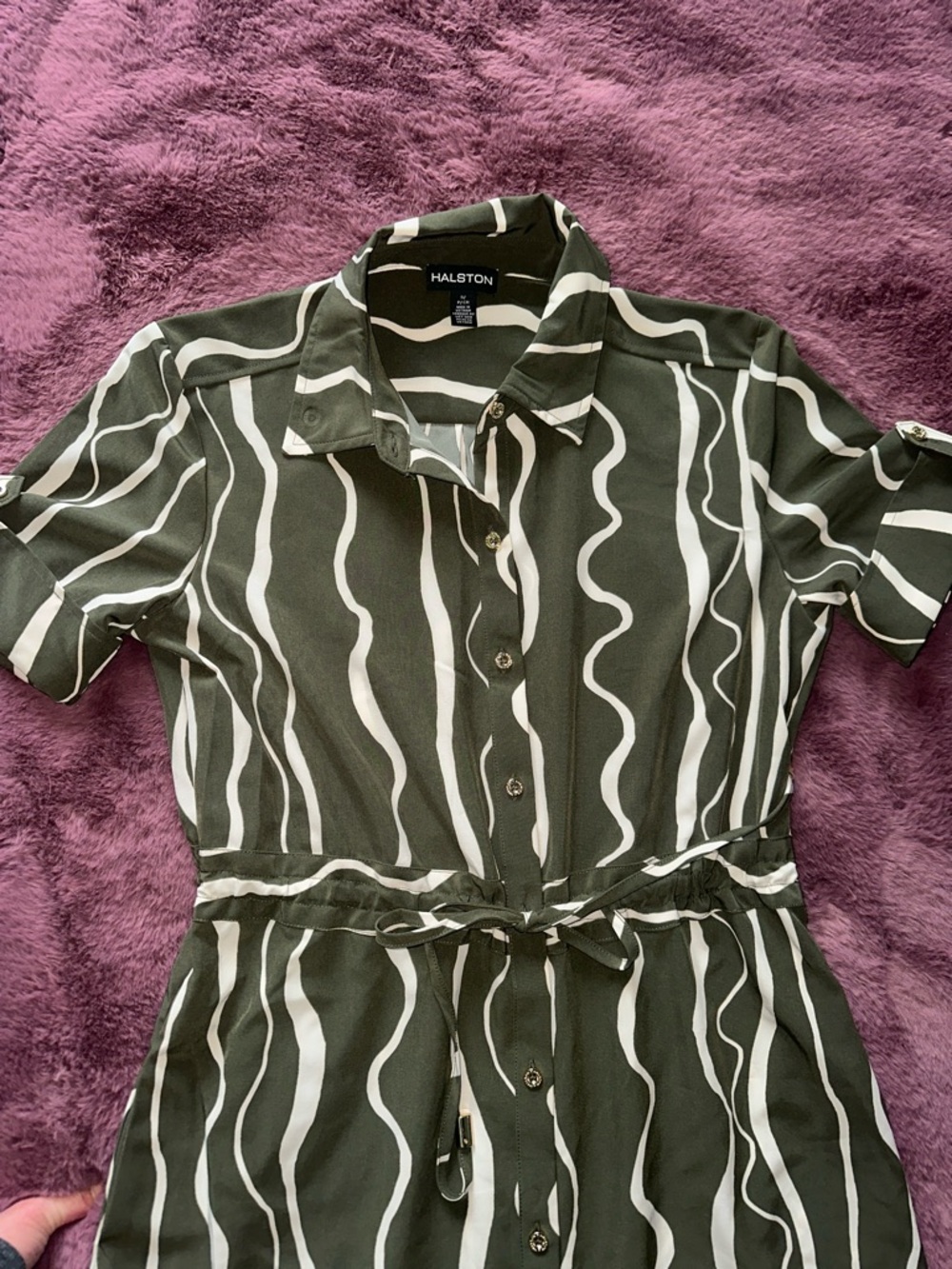 Halston Olive Green & White Wavy Stripe Shirt Dress - Picture 2 of 7